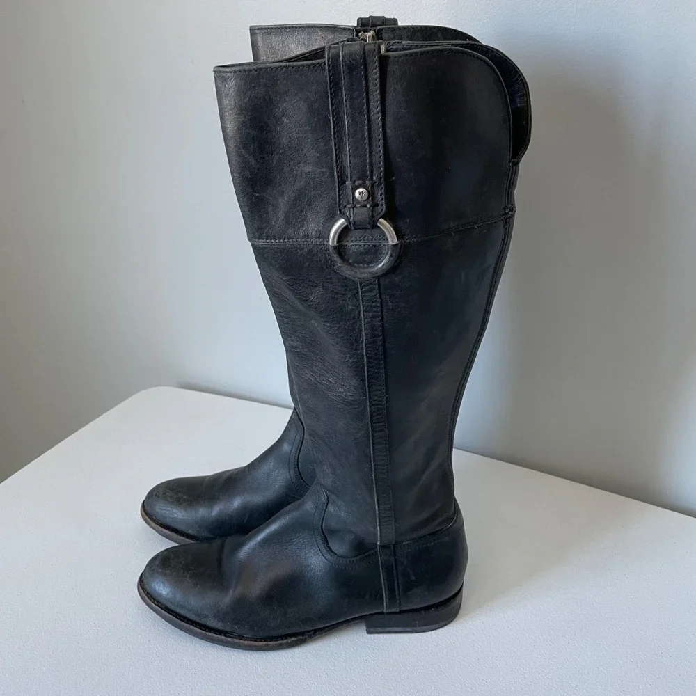 Frye Jamie Ring Tall Distressed Black Leather Riding Boots Size Women's 9